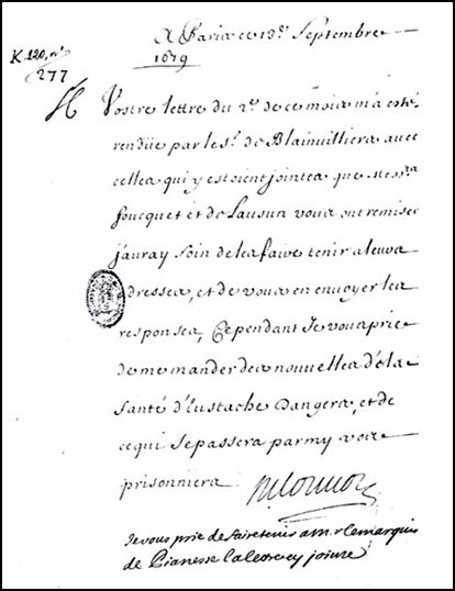 Lettre de Louvois à Saint-Mars du 19 septembre 1679